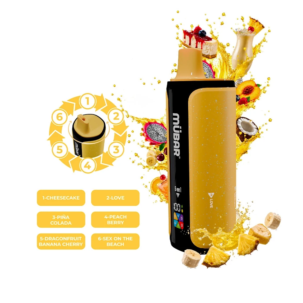 Vaper Mübar amarillo y negro con boquilla superior, junto a un esquema de selector de seis posiciones y un montaje de frutas y postres.