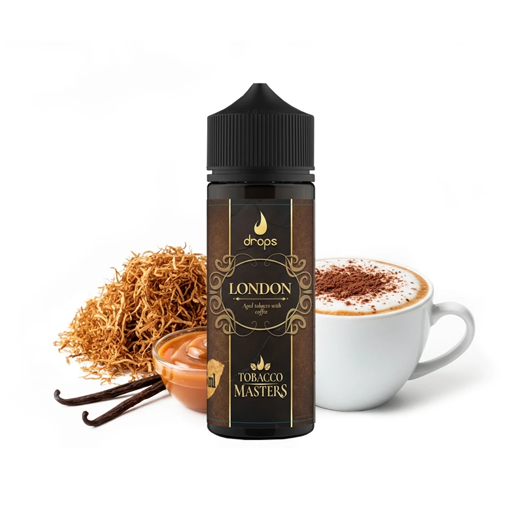 Botella Drops Tobacco Masters London con tapón negro, rodeada de hebras de tabaco, vainas de vainilla, caramelo y una taza de café con espuma.