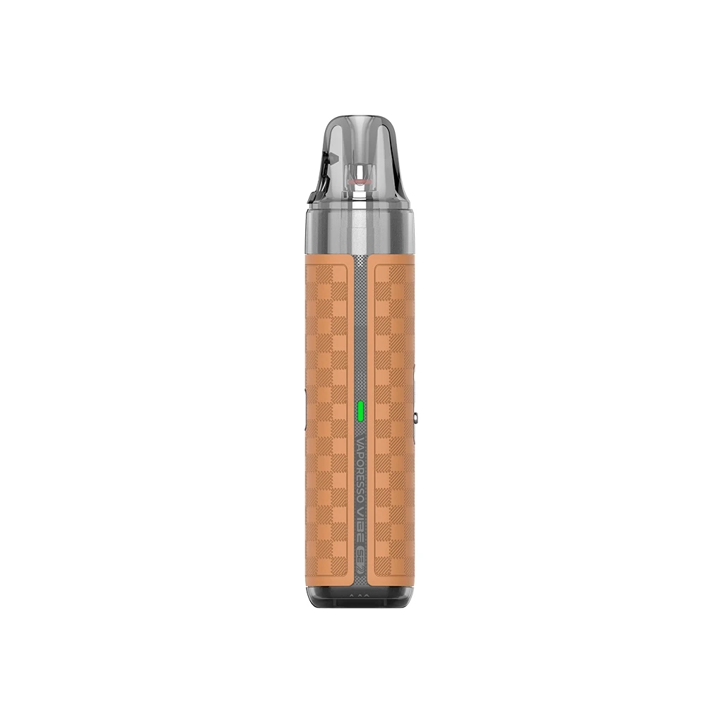 Vaporesso Vibe SE 2 en vista frontal, con cuerpo naranja de cuadros, franja gris central, indicador verde y boquilla translúcida oscura.