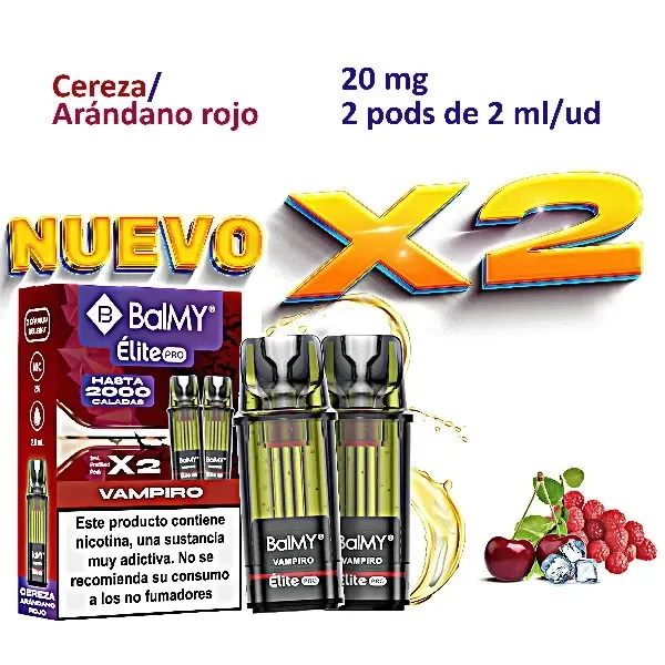 Recambios Vampire de BALMY ÉLITE PRO junto a su caja, con texto de cereza y arándano rojo, 20 mg y dos pods de 2 ml por unidad.
