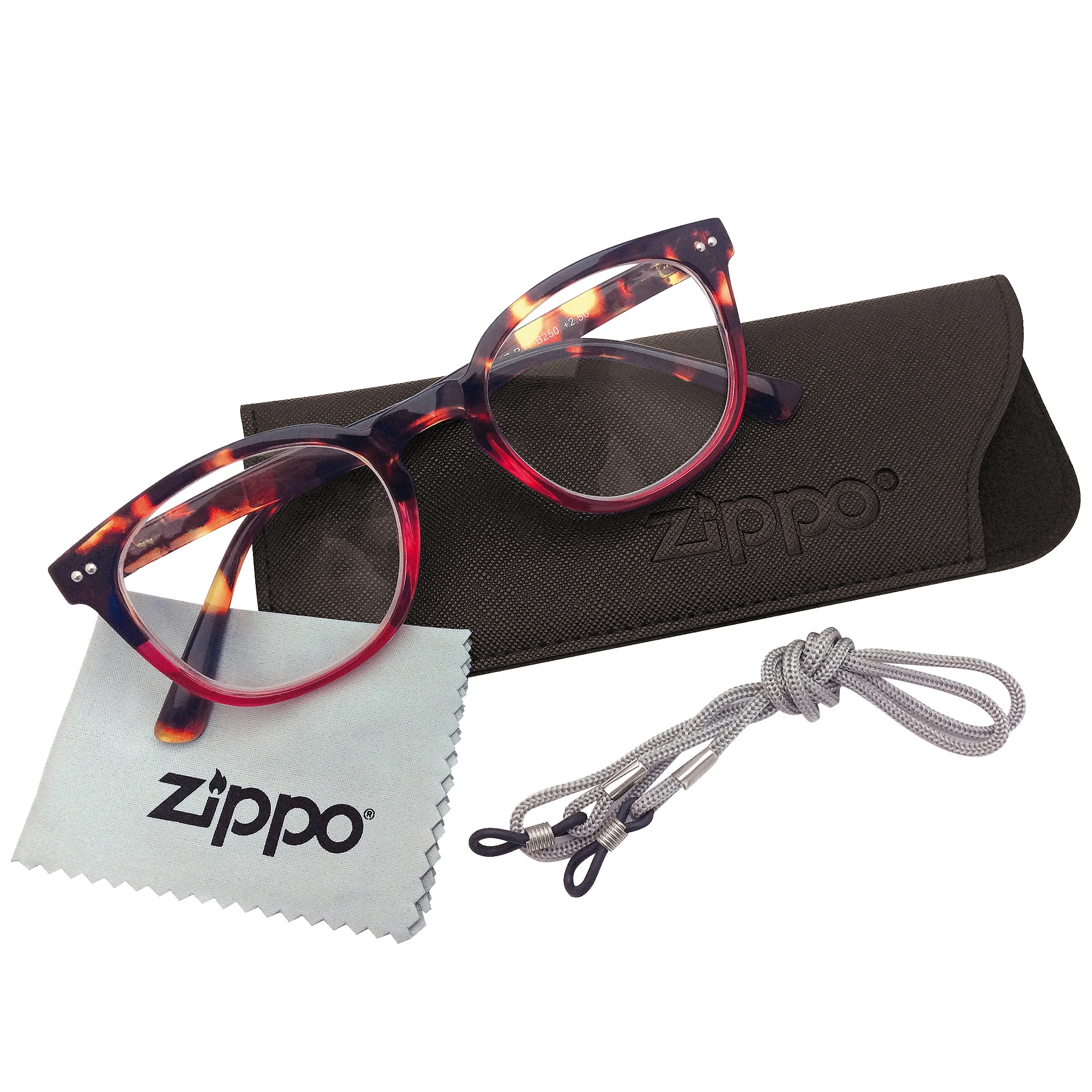 Funda negra Zippo junto a unas gafas de montura carey con bordes rojizos, un paño gris con logotipo y un cordón gris para las patillas.