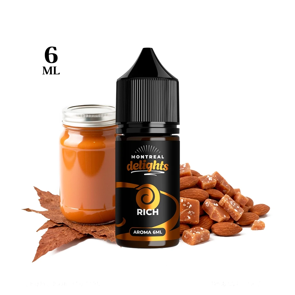 Frasco Montreal Delights Rich de 6 ml con tapón negro, junto a un tarro de contenido anaranjado, almendras y trozos de caramelo.