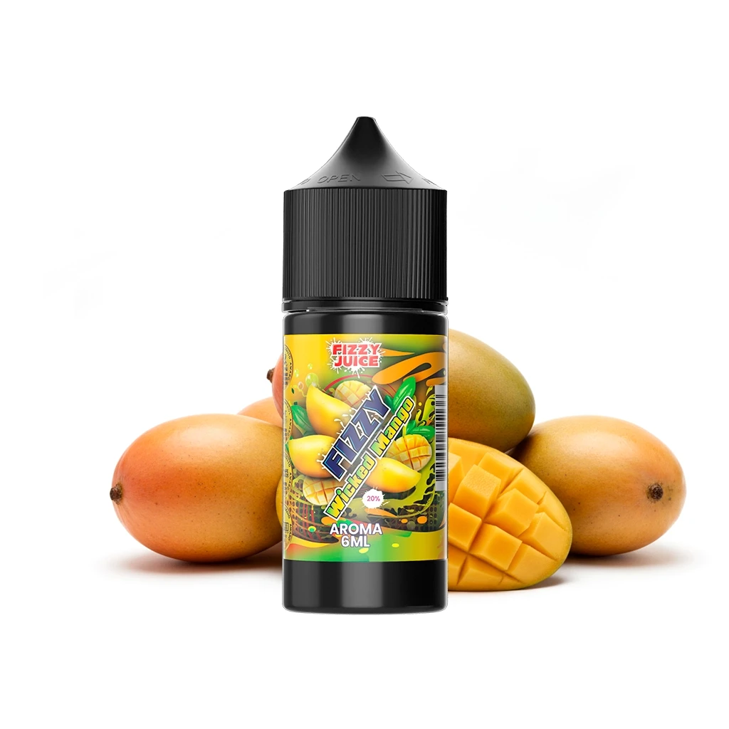 Frasco Fizzy Juice Wicked Mango con tapón negro y etiqueta amarilla de 6 ml, rodeado de mangos enteros y una mitad cortada en dados.
