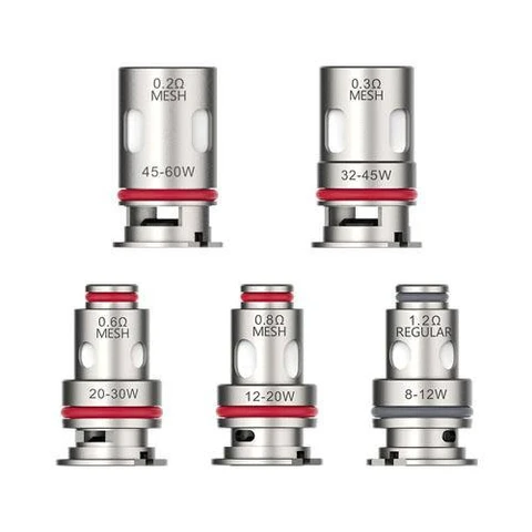 Selección de resistencias Vaporesso GTX con distintos formatos y valores de 0,2, 0,3, 0,6, 0,8 y 1,2 Ω sobre fondo blanco.