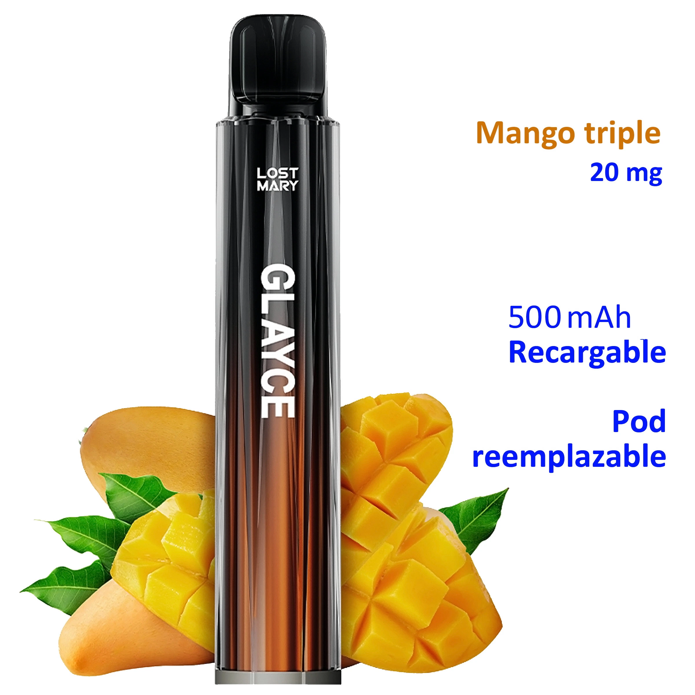 Pod Lost Mary GLAYCE negro y naranja junto a mangos; texto Triple Mango, 20 mg, batería recargable de 500 mAh y pod reemplazable.