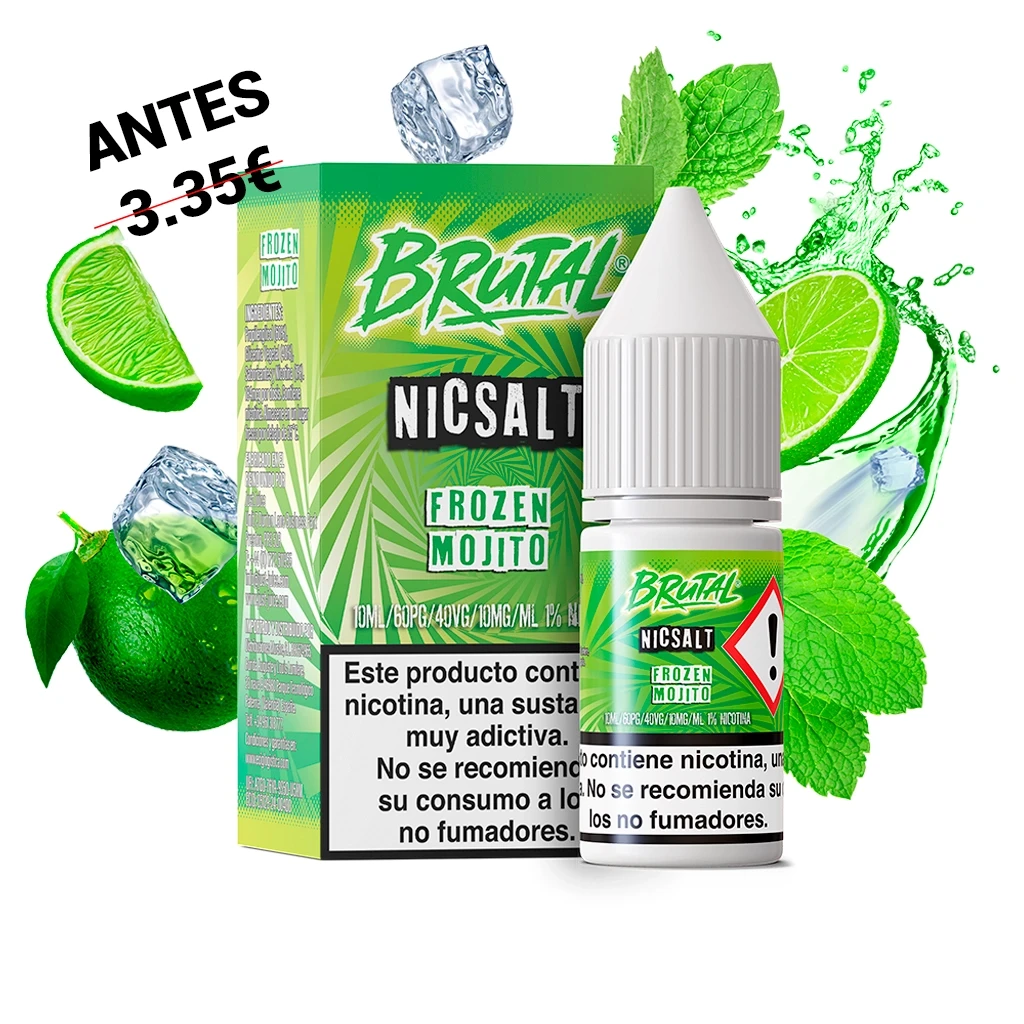 Frasco y caja verdes Brutal Nicsalt Frozen Mojito, con advertencia sobre nicotina, rodeados de limas, menta y cubitos de hielo.