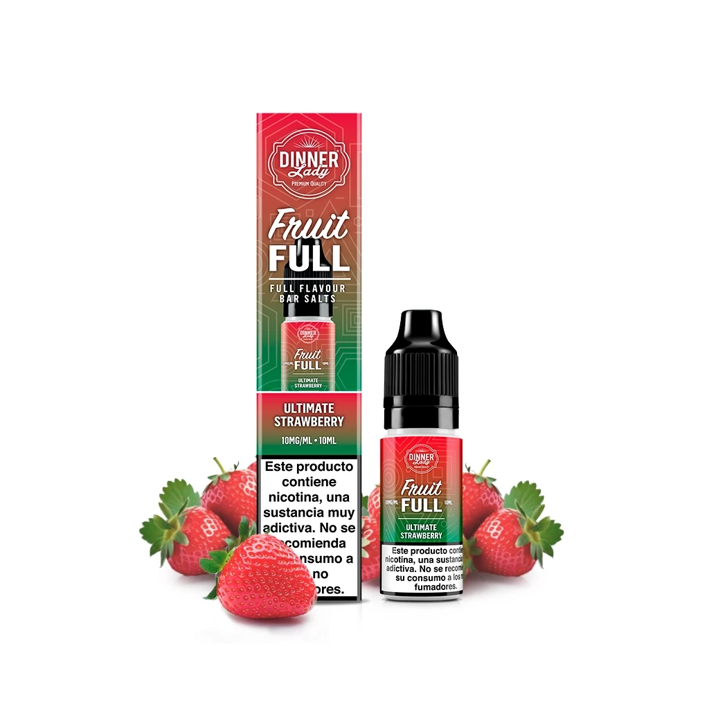 Frasco y caja de Dinner Lady Fruit Full Ultimate Strawberry, con fresas alrededor y etiquetas de 10 mg/ml, 10 ml y advertencia de nicotina.