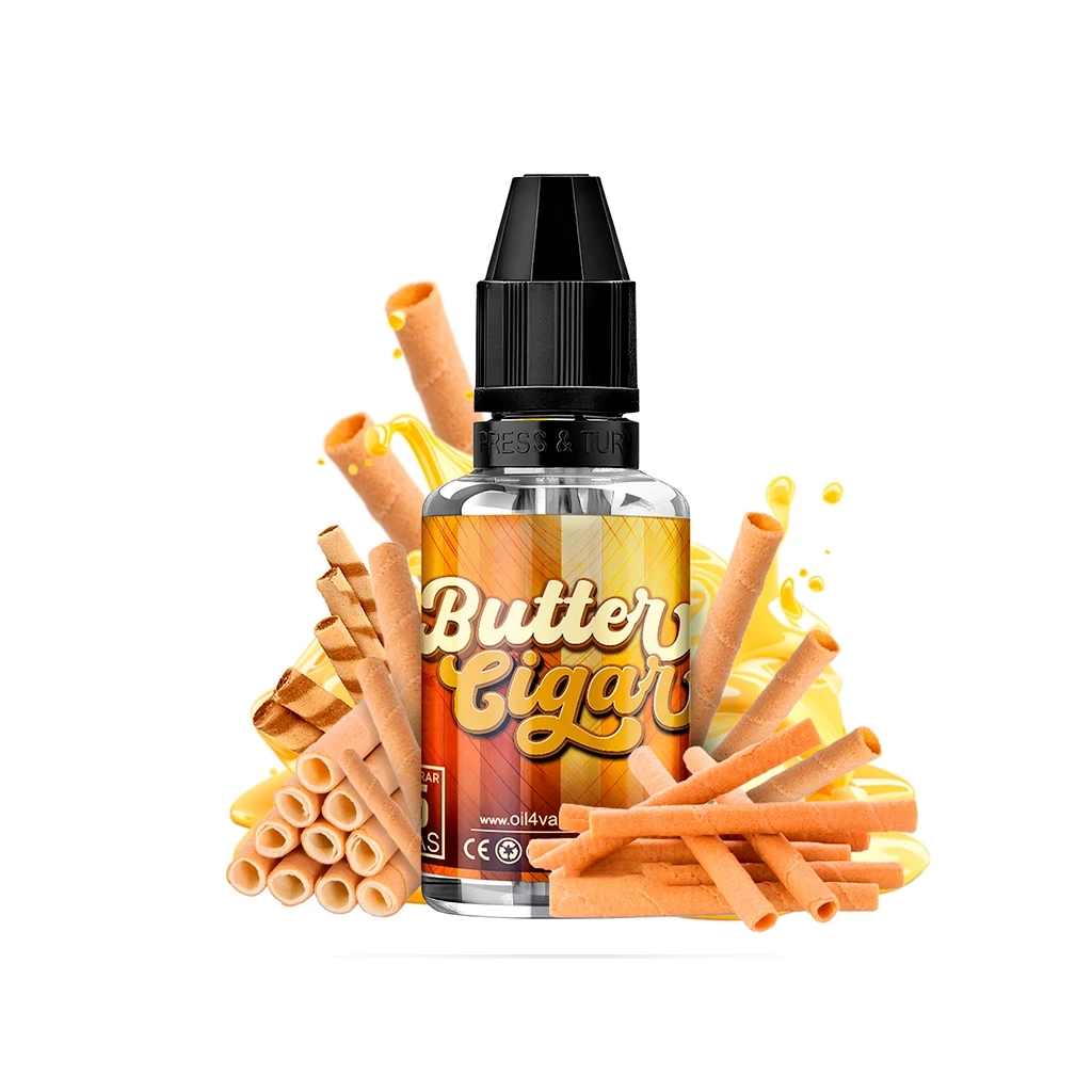 Frasco de Oil4Vap Butter Cigar con tapón negro y etiqueta naranja, rodeado de barquillos y salpicaduras amarillas sobre fondo blanco.