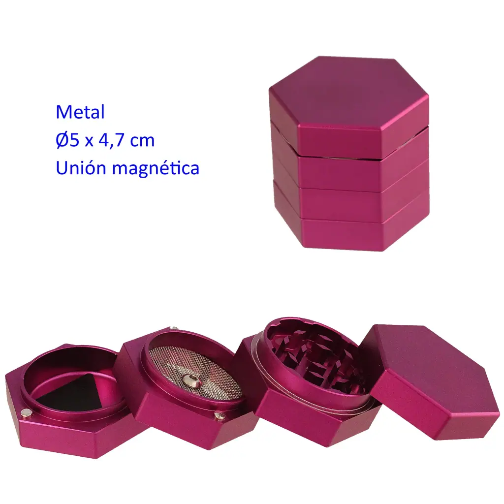 Grinder púrpura hexagonal de cuatro partes, mostrado cerrado y desmontado, con dientes, tamiz y una pequeña espátula negra.