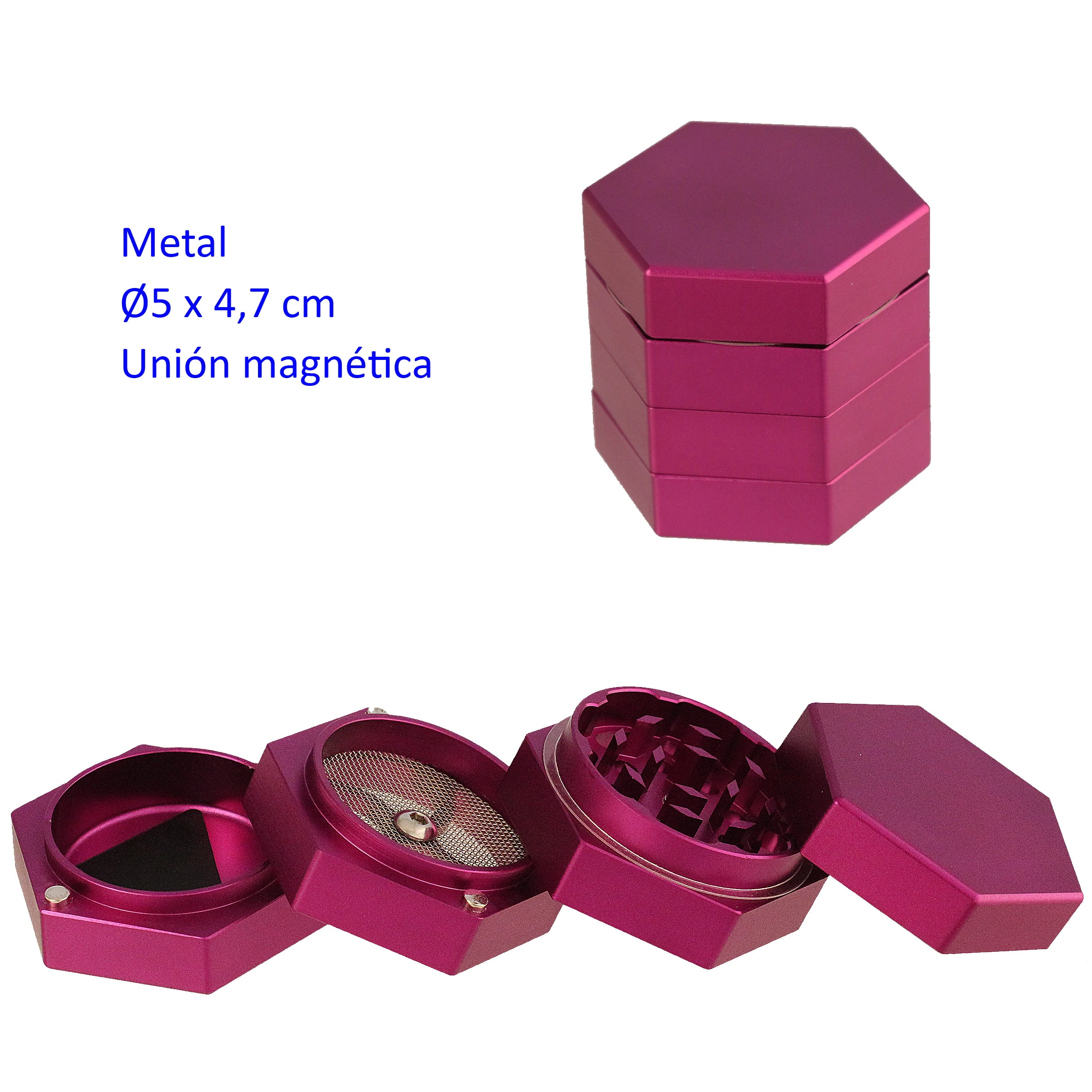 Grinder púrpura hexagonal de cuatro partes, mostrado cerrado y desmontado, con dientes, tamiz y una pequeña espátula negra.