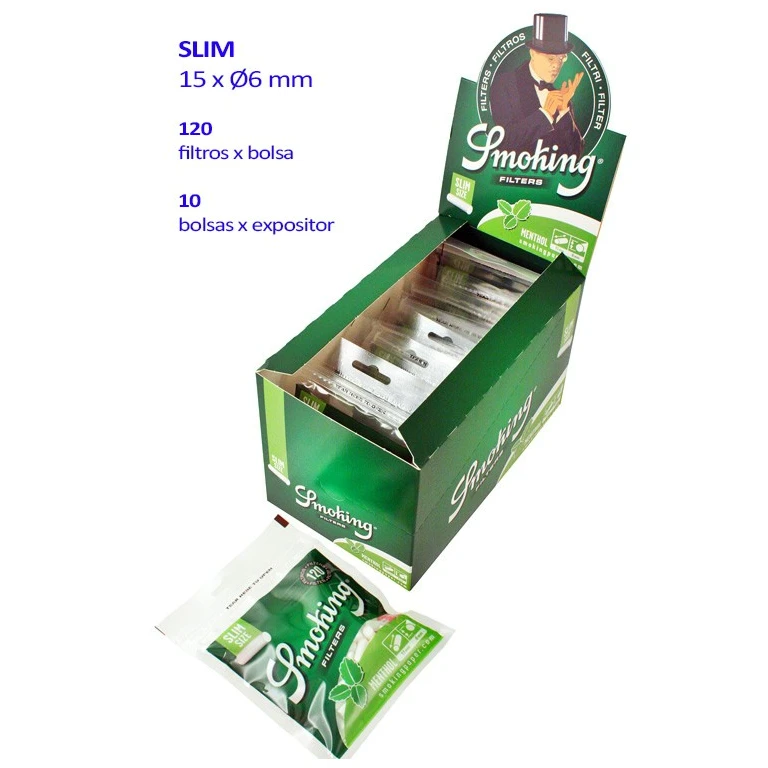 Expositor verde de filtros Smoking Menthol Slim con bolsas en su interior y una delante; texto de 120 filtros por bolsa y 10 bolsas por expositor. Expositor verde de filtros Smoking Menthol Slim con bolsas en su interior y una delante; texto de 120 filtros por bolsa y 10 bolsas por expositor.