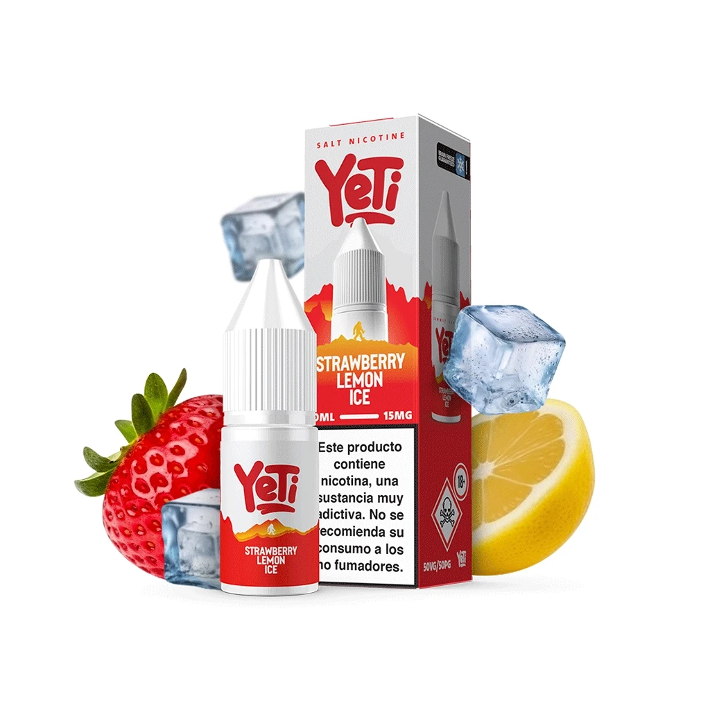 Frasco y caja de Yeti Strawberry Lemon Ice con etiqueta roja, rodeados de fresa, limón y cubitos de hielo sobre fondo blanco.
