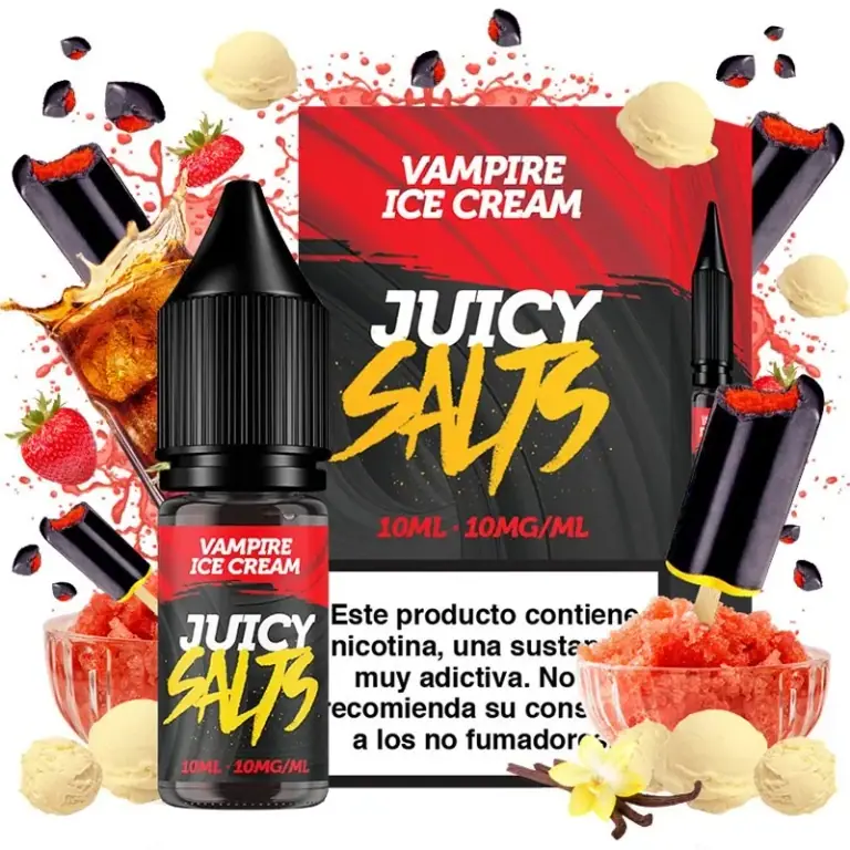 Frasco y caja de Vampire Ice Cream de Juicy Salts, rotulados 10 ml y 10 mg/ml, rodeados de fresas, helado y polos.