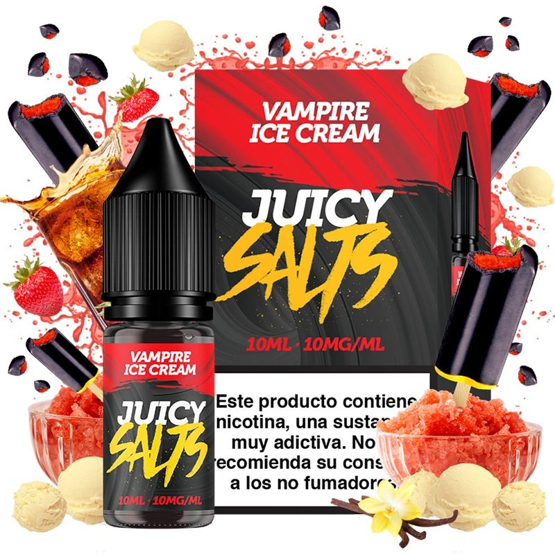 Frasco y caja de Vampire Ice Cream de Juicy Salts, rotulados 10 ml y 10 mg/ml, rodeados de fresas, helado y polos.