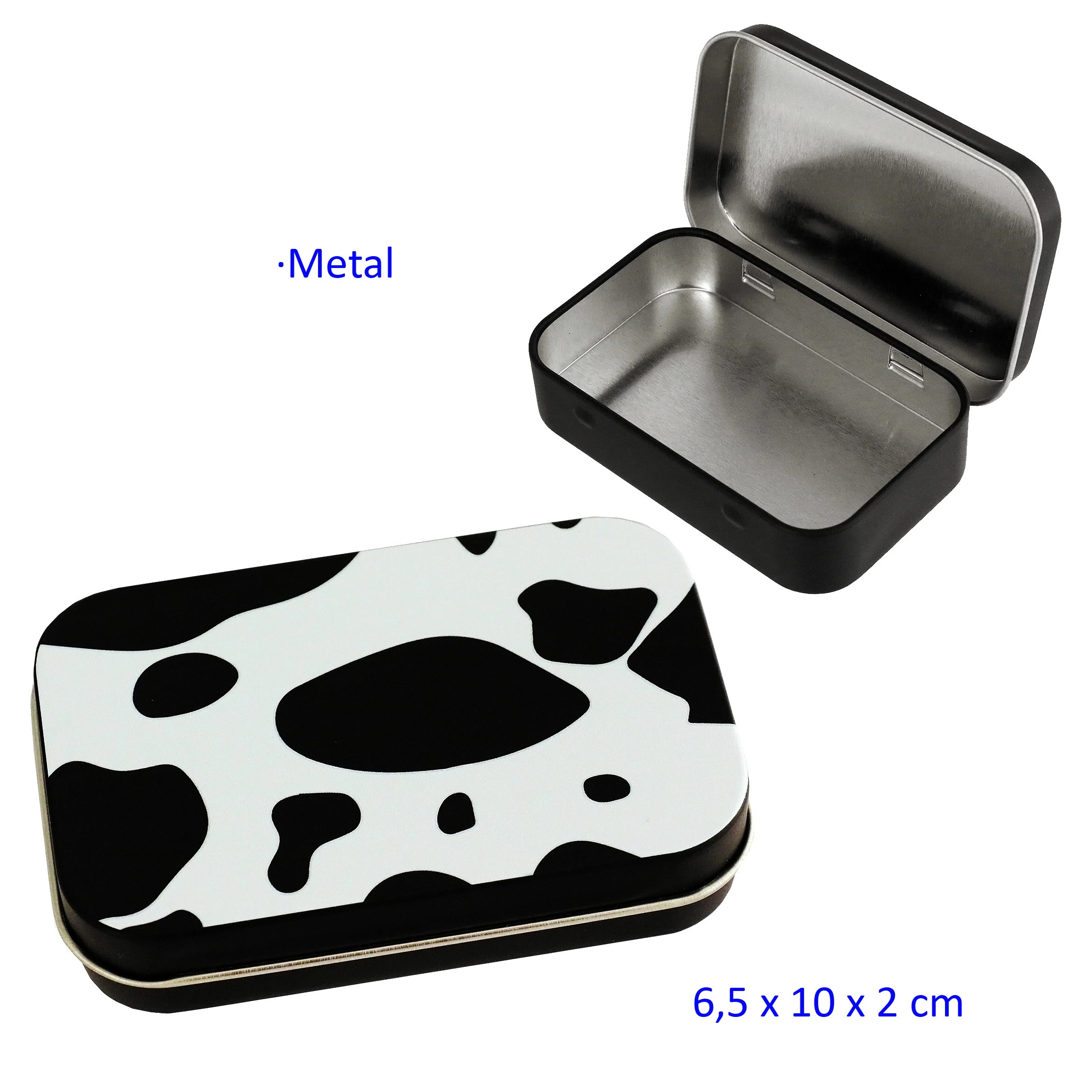 Caja metálica rectangular con esquinas redondeadas y estampado de manchas blancas y negras, mostrada cerrada y abierta sobre fondo blanco.