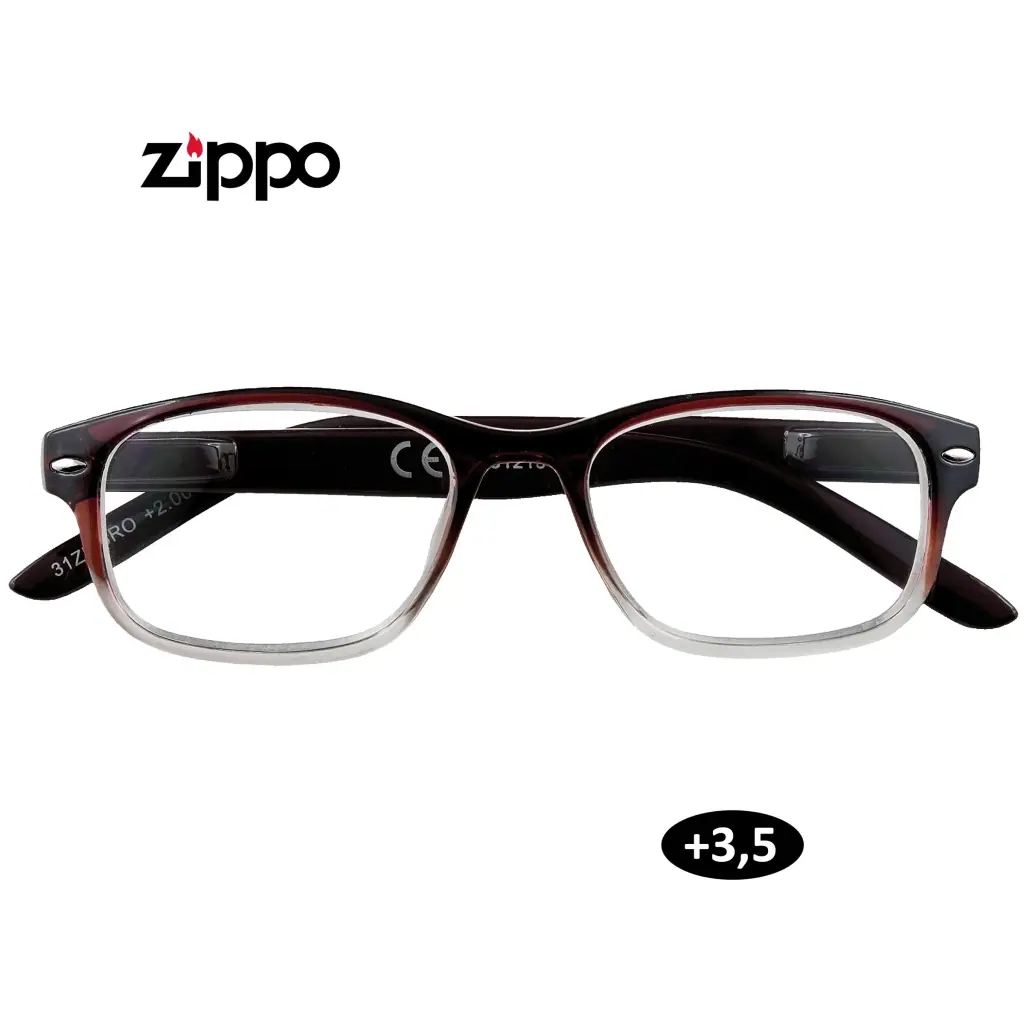 Gafas de lectura Zippo de frente, con montura rectangular marrón degradada a transparente y distintivo de graduación +3,5.