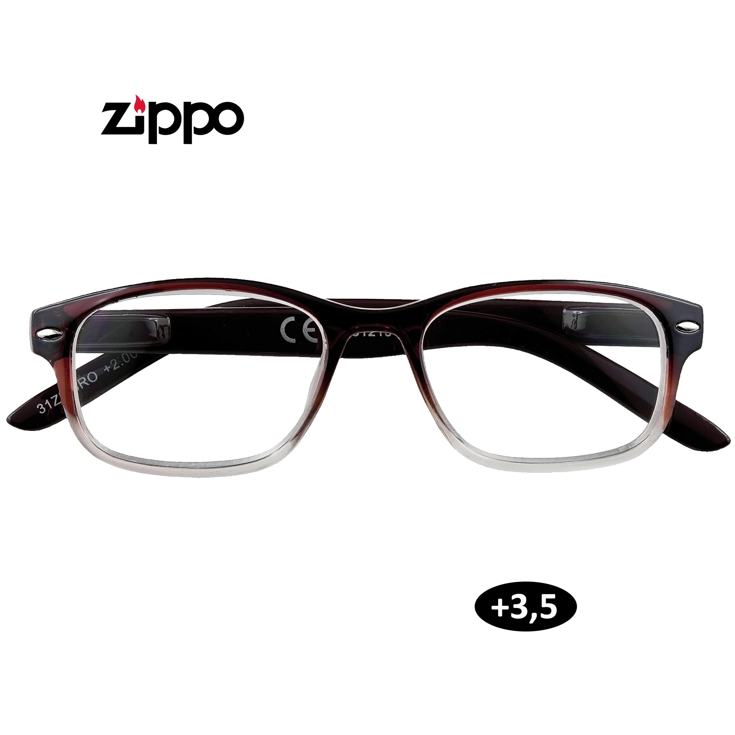 Gafas de lectura Zippo de frente, con montura rectangular marrón degradada a transparente y distintivo de graduación +3,5.