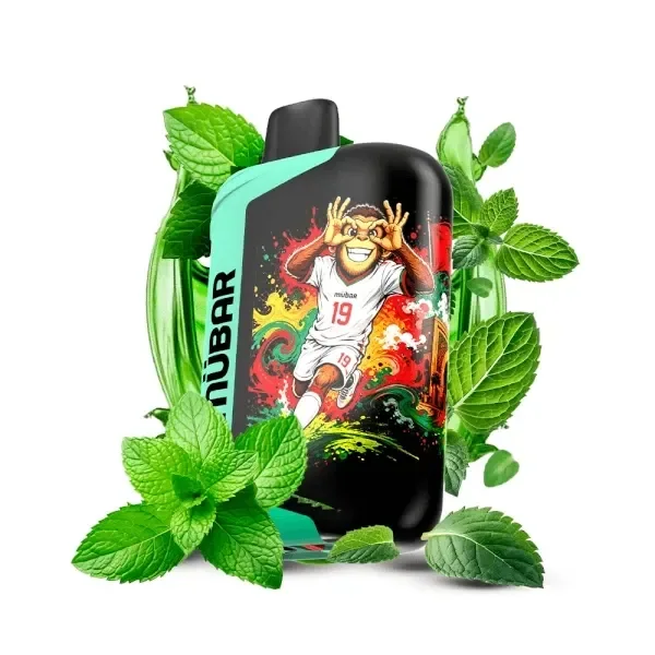 Vapeador Mübar negro y turquesa con un mono vestido de futbolista y salpicaduras de colores, rodeado de hojas de menta.