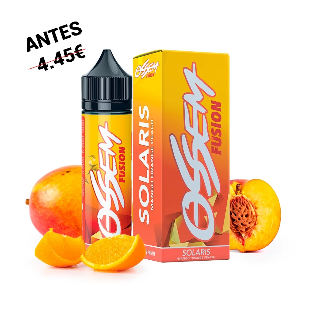 Botella y caja de Ossem Solaris Mango Orange Peach, con diseño amarillo y naranja, junto a mango, gajos de naranja y medio melocotón.