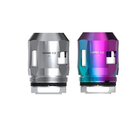 Resistencias Smok Mini V2 A1 en acabados plateado y multicolor, mostradas de frente con aberturas laterales y base roscada.