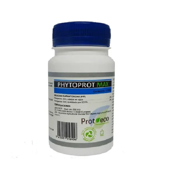 Bote blanco de Phytoprot Max Prot Eco con tapón azul y etiqueta con franjas grises, detalles azules y verdes y código de barras.