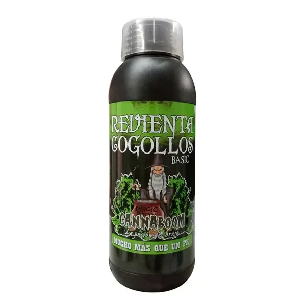 Botella negra de Revienta Cogollos Basic Cannaboom con tapón translúcido y etiqueta verde ilustrada con un mago.