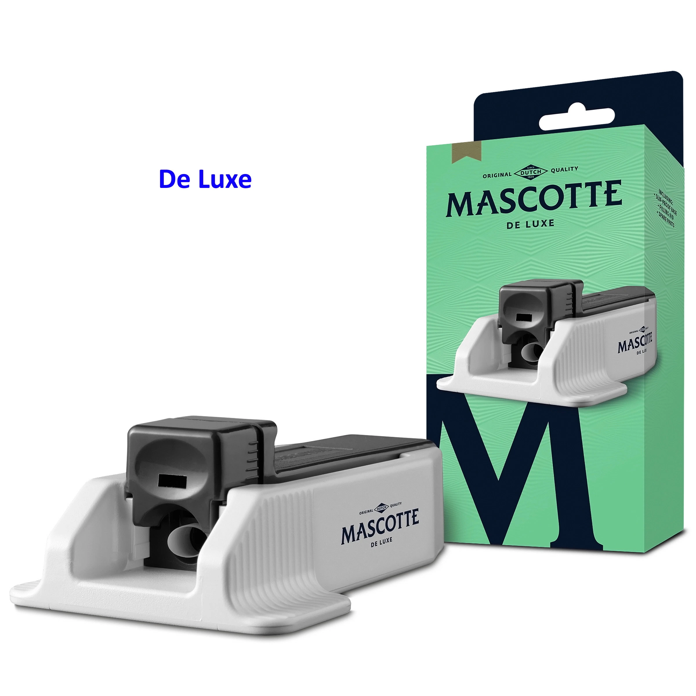 Máquina de entubar Mascotte de Luxe blanca y negra, con base ancha y abertura frontal, junto a su caja verde.