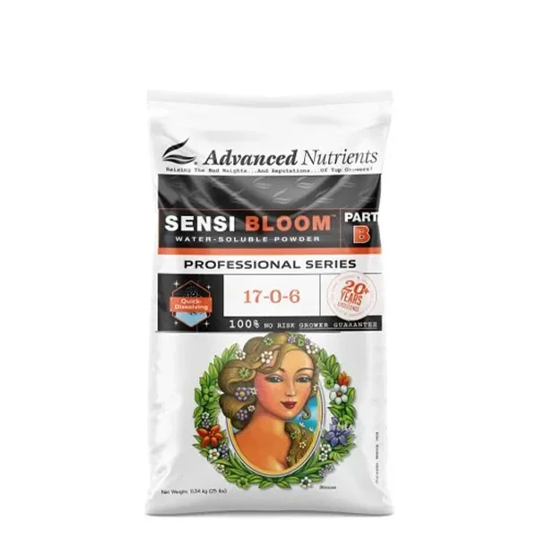 Bolsa de Advanced Nutrients Sensi Bloom Professional Series, parte B, con fórmula 17-0-6 e ilustración de un rostro entre plantas.