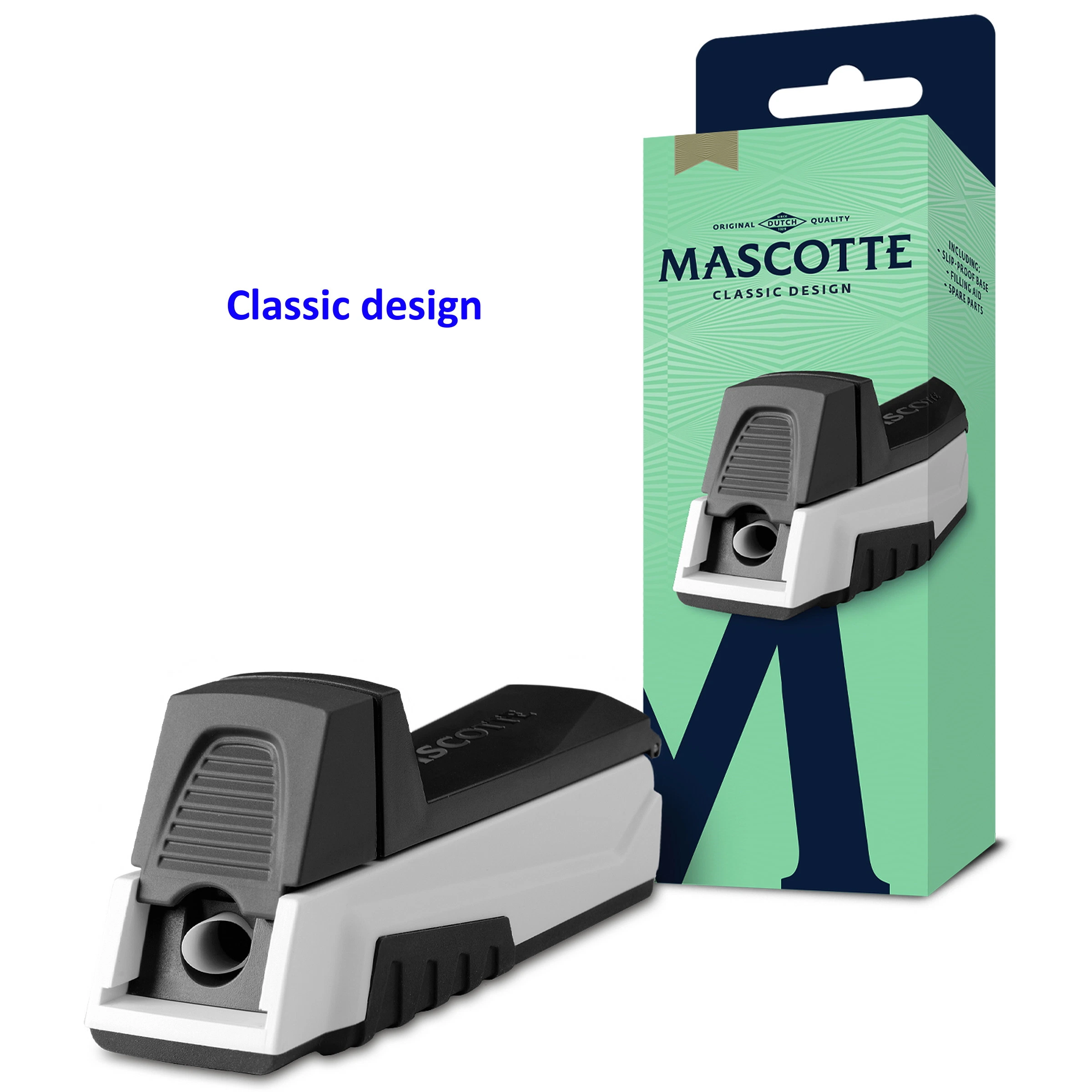 Máquina de entubar Mascotte Classic Design blanca y negra, con palanca estriada y abertura frontal, junto a su caja verde.
