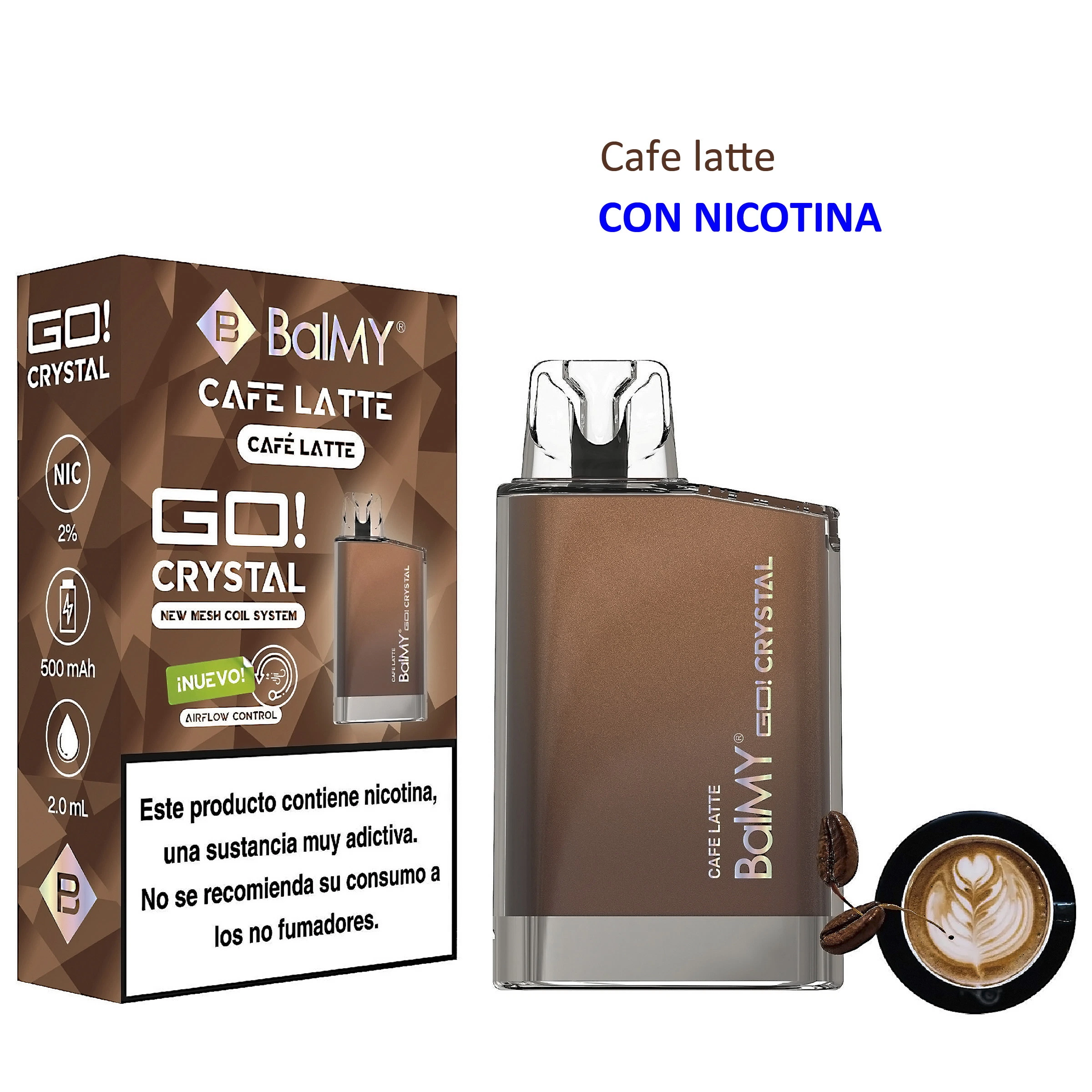 Vaper BALMY GO CRYSTAL Café Latte marrón con boquilla transparente, junto a su caja con aviso de nicotina, una taza de café y granos.