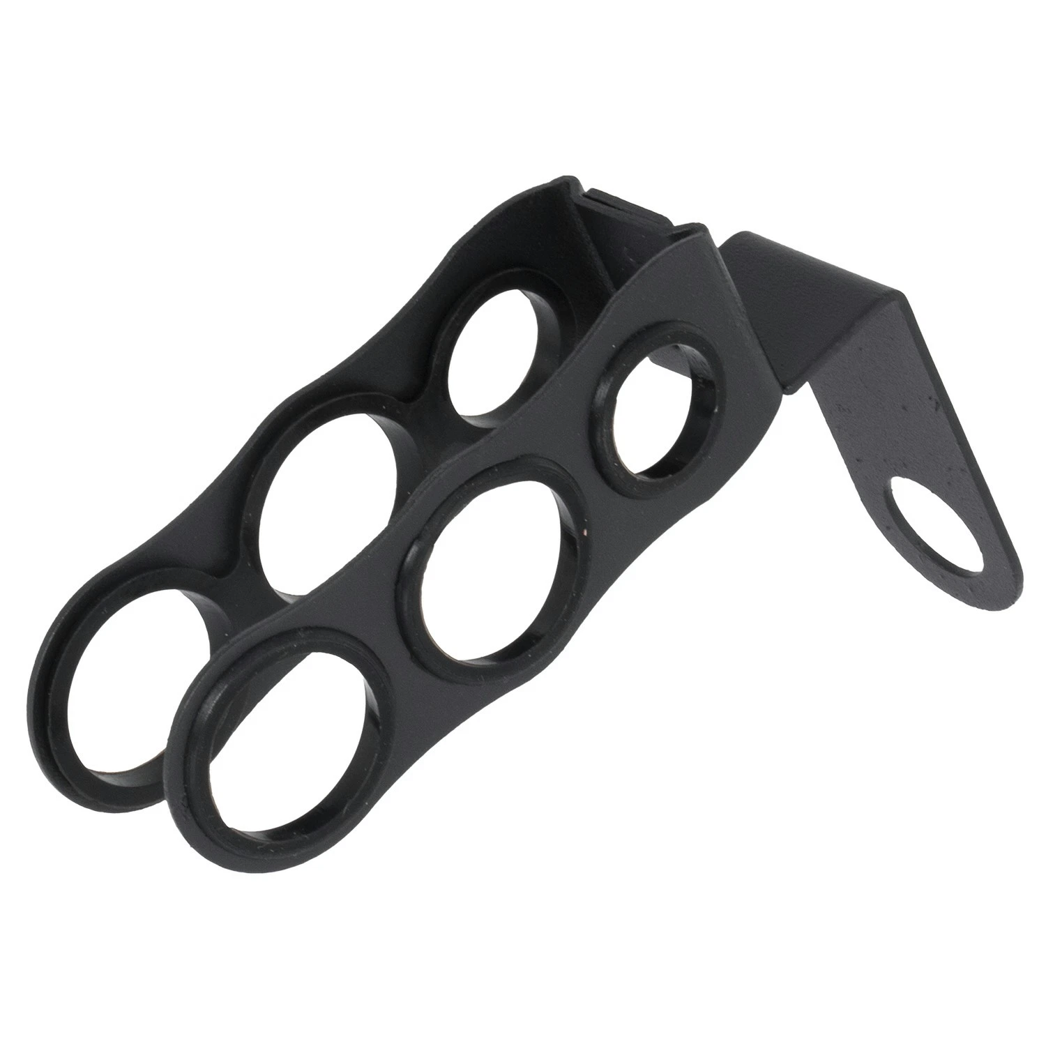 Cuelga mangueras negro para cachimbas, visto en diagonal, con dos hileras de aberturas circulares y pestaña de fijación perforada. Cuelga mangueras negro para cachimbas, visto en diagonal, con dos hileras de aberturas circulares y pestaña de fijación perforada.