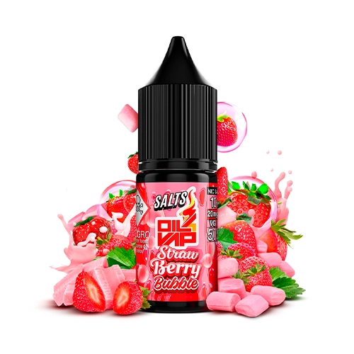 Frasco de Oil4Vap Strawberry Bubble Salts con tapón negro y etiqueta roja, rodeado de fresas, chicles rosas y salpicaduras.