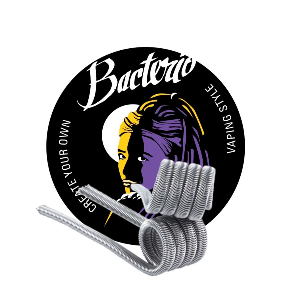 Resistencias Bacterio Coils de alambre enrollado con extremos largos, delante de un logotipo circular negro con rostro amarillo y morado.