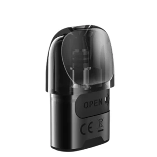 Cartucho Ursa Empty Pod Lost Vape negro, con boquilla translúcida oscura y pestaña lateral marcada «OPEN», sobre fondo blanco.