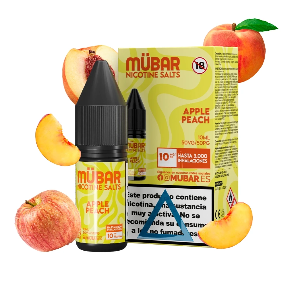 Frasco y caja amarilla de Mübar Salts Apple Peach, con indicaciones de 10 ml y 10 mg/ml, rodeados de manzanas y trozos de melocotón.