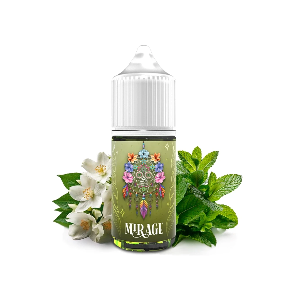 Frasco de aroma Mirage con tapón blanco y etiqueta verde decorada con una calavera floral, junto a flores blancas y hojas de menta.