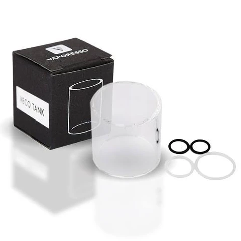 Cilindro transparente para Vaporesso Veco Tank junto a juntas negras y claras y una caja negra con el nombre del modelo.