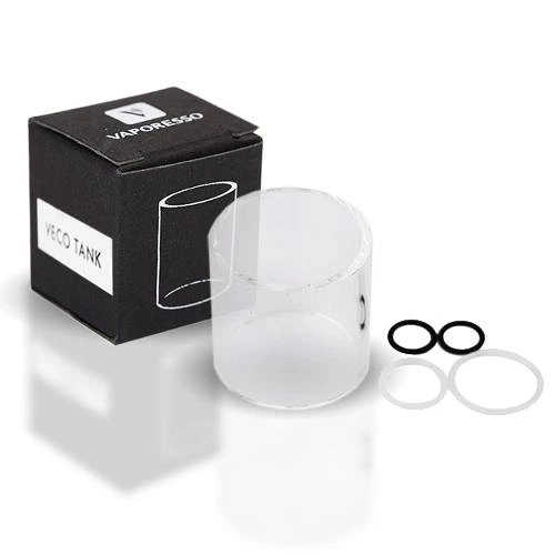 Cilindro transparente para Vaporesso Veco Tank junto a juntas negras y claras y una caja negra con el nombre del modelo.
