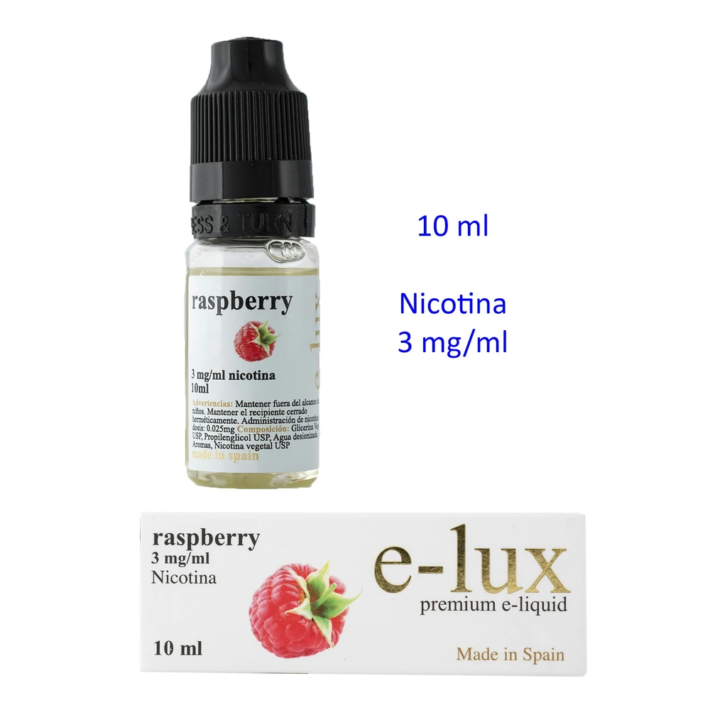 Frasco de e-liquid Raspberry e-lux con tapón negro y caja blanca, ilustraciones de frambuesas e indicaciones de 10 ml y nicotina de 3 mg/ml.
