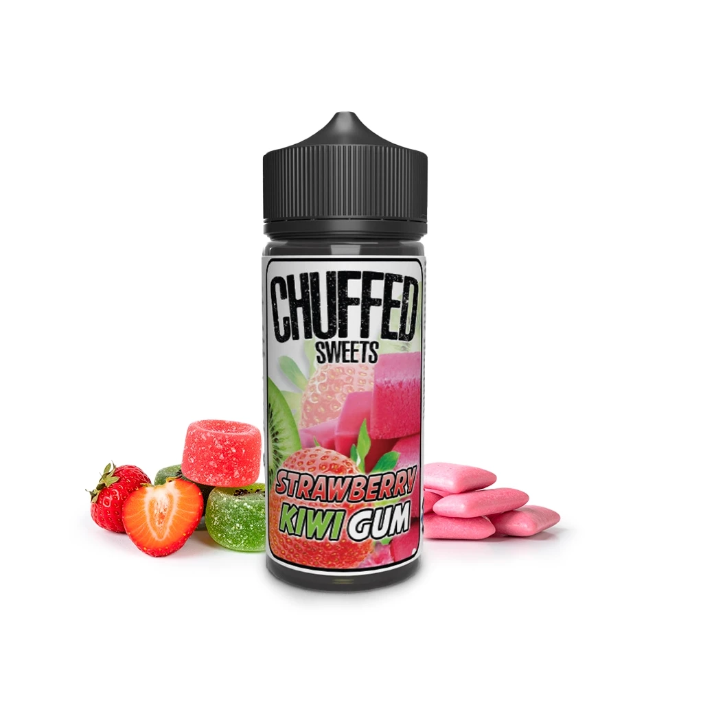 Botella Chuffed Sweets Strawberry Kiwi Gum con tapón negro y etiqueta rosa, rodeada de fresas, golosinas y chicles rosas.