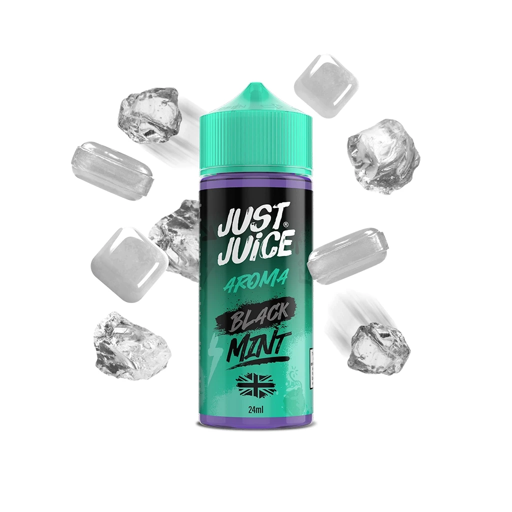 Frasco Just Juice Aroma Black Mint de 24 ml con tapón verde y etiqueta verde y negra, rodeado de cubitos de hielo sobre fondo blanco.