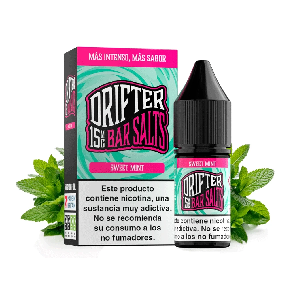 Frasco y caja Drifter Bar Salts Sweet Mint en turquesa y rosa, con indicación de 15 mg, advertencia de nicotina y hojas de menta alrededor.