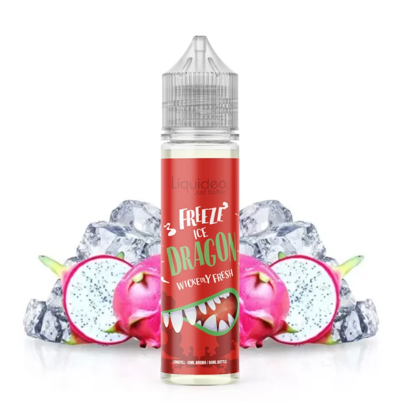 Frasco Freeze Ice Dragon de Liquideo con etiqueta roja y boca ilustrada, delante de pitahayas enteras y cortadas y cubitos de hielo.