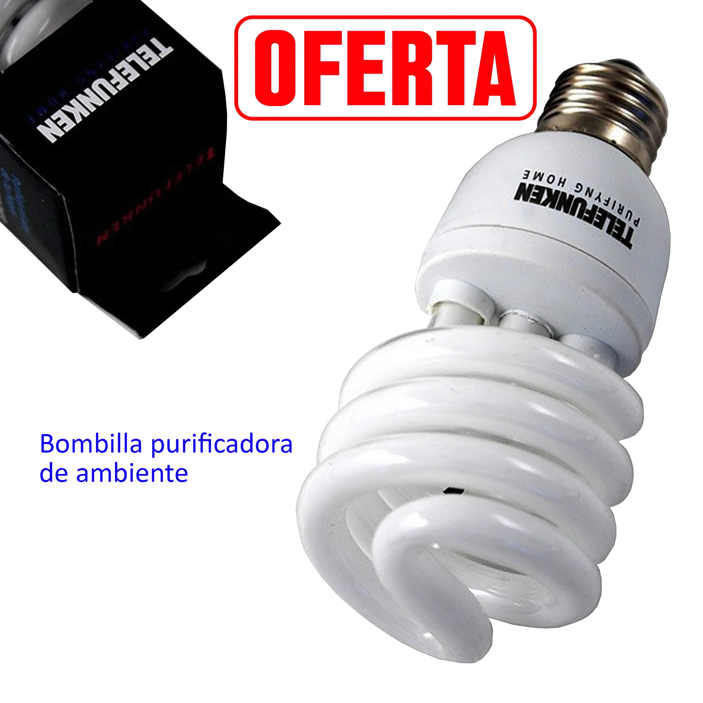 Bombilla Telefunken blanca de tubo espiral y casquillo de rosca, junto a su caja negra sobre fondo blanco.