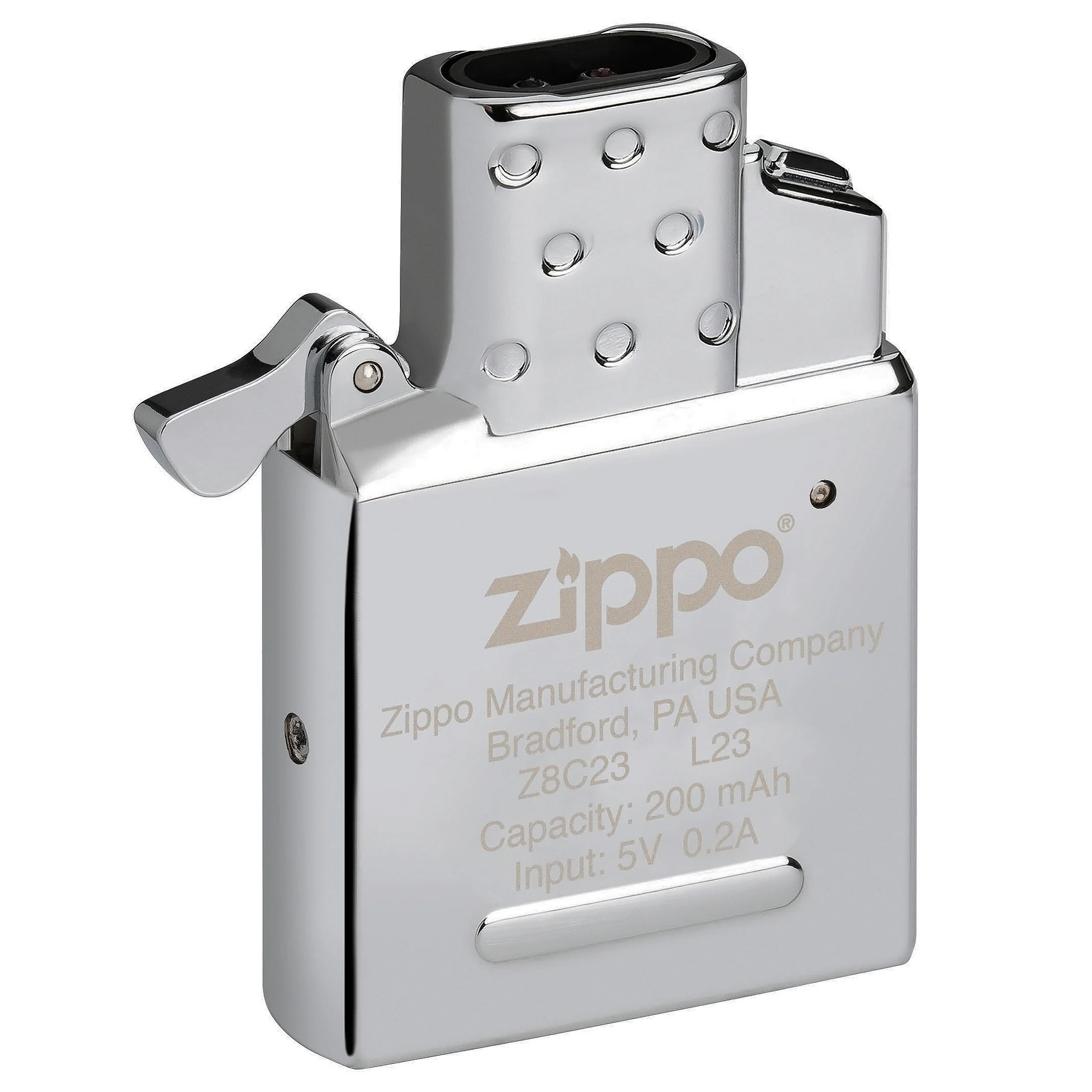 Inserto plateado Zippo para encendedor, con parte superior perforada, palanca lateral y especificaciones grabadas en el frontal.