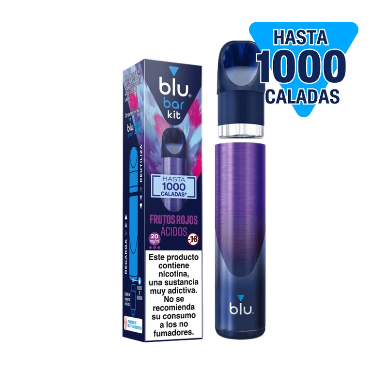 Blu Bar Kit Frutos Rojos Ácidos con caja, dispositivo morado y azul y boquilla separada sobre fondo negro.