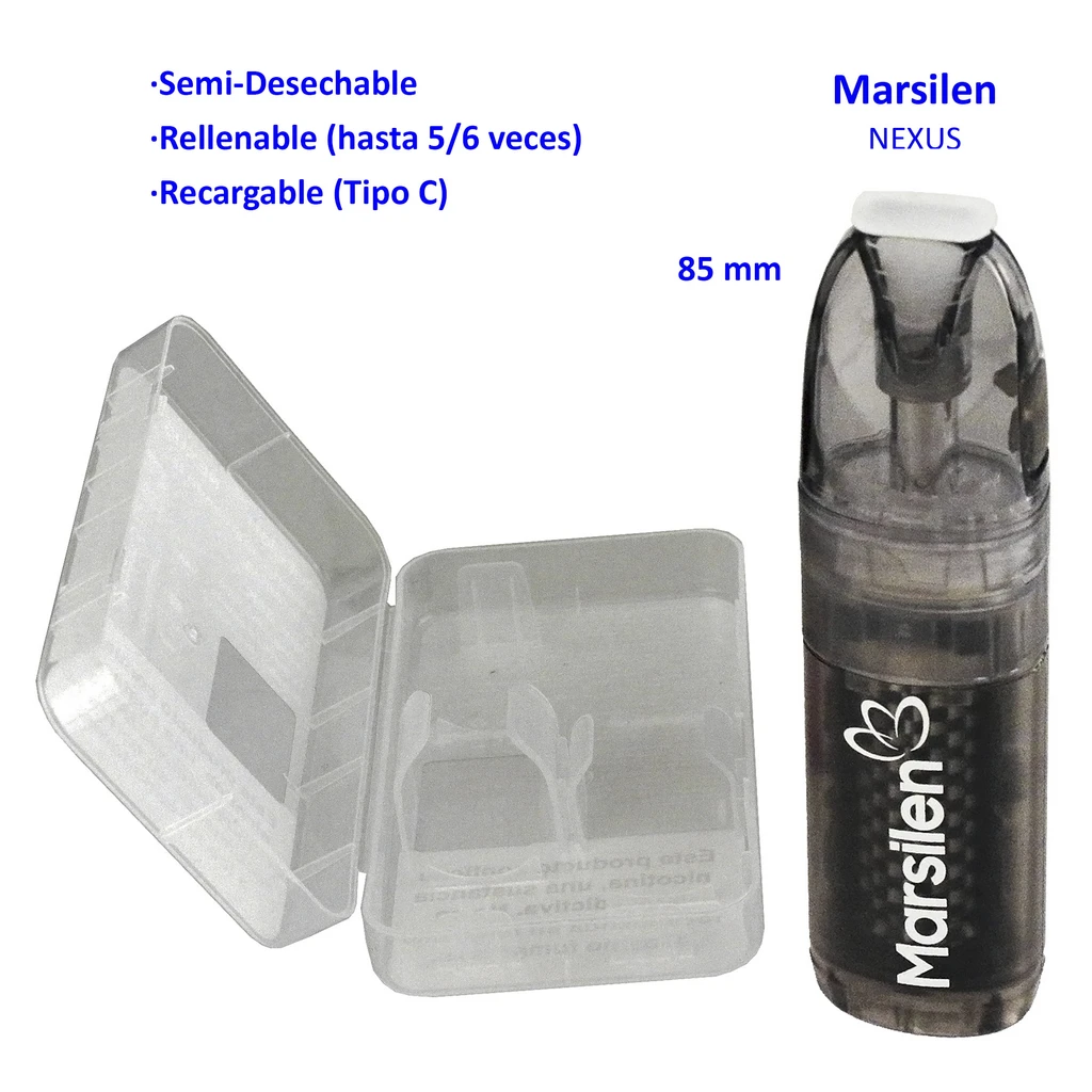 Vaper Marsilen NEXUS oscuro y translúcido junto a un estuche abierto, con texto que indica que es rellenable y recargable por tipo C.