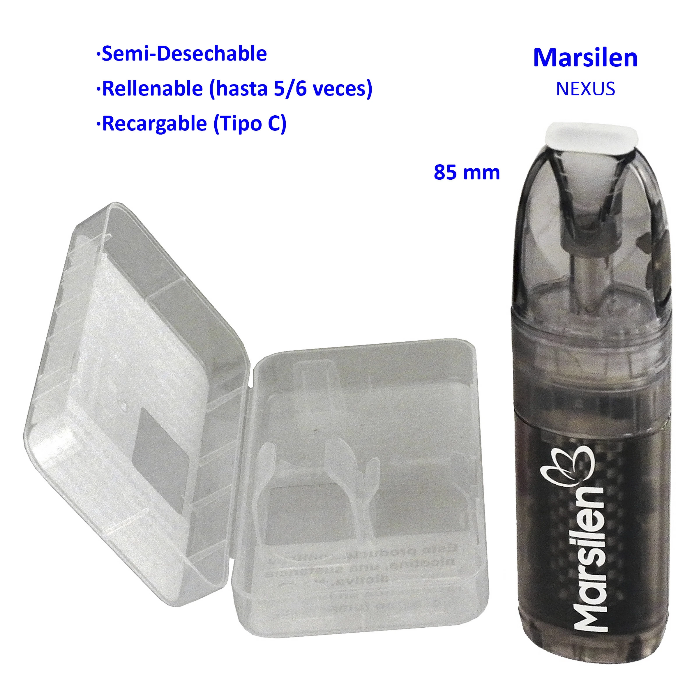 Vaper Marsilen NEXUS oscuro y translúcido junto a un estuche abierto, con texto que indica que es rellenable y recargable por tipo C.
