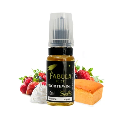 Frasco de Fabula Juice Salts Northwind de 10 ml con tapón transparente y etiqueta negra, acompañado de fresas, nata y un trozo de bizcocho.