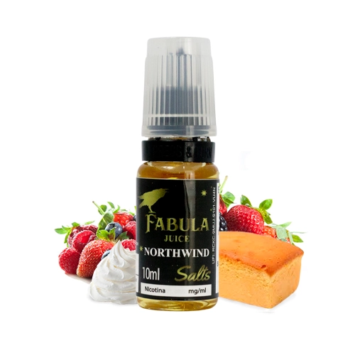 Frasco de Fabula Juice Salts Northwind de 10 ml con tapón transparente y etiqueta negra, acompañado de fresas, nata y un trozo de bizcocho.